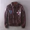 Chaqueta de vuelo A2 con cuello de solapa, chaquetas de cuero genuino para hombre, color rojo y marrón, chaqueta de piel de oveja locomotora