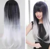 Czarny z srebrną białą peruką Długie proste włosy Cosplay Anime Pełna perukę dla kobiet