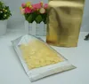 100pcs / parti 10x15cm stå upp genomskinlighet matt guld aluminiumfolie ziplock väska, frostad klar mylar plating plast packning påse