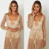 Lady Evening Party Long Dress With Rhinestone Gold Maxi Dress Long Sleeves Mesh Sexy Deep V-neck Clothing
