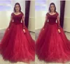 Bourgogne Lace och Tulle Prom Klänningar Scoop Neck Tulle Långärmad Boll Gown Prom Party Wear Sweet 16 Dresses Aftonklänningar