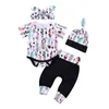 2018 New Baby Clothes Set Infantil Do Bebê Das Meninas Dos Meninos Da Pena de Impressão Romper Calças Hat Headband 4 PCS Roupas de Algodão de Algodão Crianças Meninos Meninas Roupas