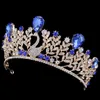 Royal Blue Crystal Barock Peacock Rhinestone Guldblad Brudkrona Bröllop Tiara Bride Headband Pagant Hårtillbehör Huvudstycke