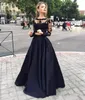 2018 New Black Günstige Zwei Stücke Prom Kleider Sheer Lange Ärmel Spitze Top Satin Eine linie Bodenlangen Abendkleider Q83