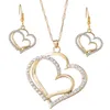Luxo Casamento Colar e Brinco Set Moda Ouro Prata Cristal Charme Coração Jóias Duplo amor Coração HJ231
