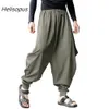 Helisopus Men's Low Drop Varilha Solta Harem Baggy Calças Japonesas Samurai Estilo Calças de Algodão