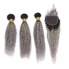 Kinky Curly #1b grau Ombre malaysische menschliche Haarscheuchenverlängerungen mit Verschluss Ombre Silbergrau Haarbündel mit Spitze Closu306H