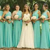 2019 lång strand brudtärna klänning en axel ärmlös chiffong golv längd billig piga av ära klänningar brudtärna klänningar för bröllop