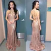 Eleganta sequins Mermaid Evening Dresses Halter Beaded Backless Floor Längd Split Long Prom Dresses Champagne Gold Rose Aftonklänningar