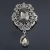 Rhodium Plated Luxury Waterdrop Pendent Crystals Flower Brooch Fashionable Women Bouquet Pin Bling Bling Czech Crystals Broach Pin