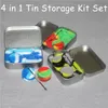 4 in 1 tin siliconen opslag kit set met 2 stks 5ml silicium wax container olie jar zilveren dab tool metalen doos behuizing draagbaar