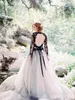 Country Black Gothic Wedding Dresses Unique V Neck Backless Lace Appliques Sheer Long Sleeve Tulle Bridal Gowns Open Back Sweep Train