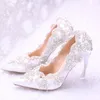 2018 Stilvolle Perlen Flache Hochzeitsschuhe Für Braut Prom 9 CM High Heels Plus Größe Spitz Spitze Brautschuhe