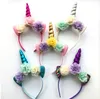 2018 Glitter Metallic Unicorn Headband Girls Chiffon Flowers Hairband For Kids leaf flower Unicorn Horn Party Hair Accessories GA215