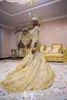 African Traditional Wedding Dresses with Long Sleeve 2018 Modest Luxury Gold Lace 3D Floral Beaded Mermaid Jewel Bridal Wedding Gown
