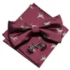 Bourgogne Silk Bow Tie with White Little Dinosaur Mönster Designer TeckerChief Cufflinks Luxury Fashion Wedding Business Party LH-337C