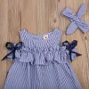 2018 nya heta sommar toddler barn baby tjejer härliga kläder blå randig off-shoulder ruffles party kappa formella klänningar