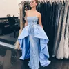Saoedi-Arabië Sky-Blue Prom Dresses met Satijn Overskirt Fashion Strapless Applique Kant Mermaid Party Jurk Glamoureuze Sexy Avondjurken