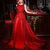 Akşam Soylu Elbiseler Kırmızı Mücevher Kolsuz A-line Aplike Kollu Balo Balo Balo Geri Özel Yapımı Süpürme Treni Resmi Parti Önlükleri