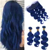 Körperwelle Virgin Peruanische Dark Blue Menschliches Haar Bundles mit Spitze Frontal Schließung 13x4 Körperwelle Reine Blaue Reine Haareinschlagfaden Erweiterungen
