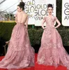 2020 Ny 74th Golden Globe Awards Lily Collins Zuhair Murad Celebrity Evening Klänningar Sheer Backless Pink Lace Appliqued Red Carpet Gowns