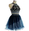 Sukienki z granatowym krótkim balowym sukienki na studniowe sukienki na imprezę z koralikami sukienki na imprezę na zamówienie Suknie powrotu do domu DH726