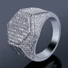 Hip Hop Geometric Hexagon Ring Copper Gold Silver Color Plated Iced Out Micro Pave Cubic Zircon Charm Ring for Men298M