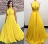Yellow Plus Size Chiffon Long Evening Dresses Halter Pleated Flowy Floor Length Backless Evening Dresses Formal Gowns