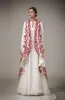 Elegant Long Sleeves Evening Dresses White Red Embroidery Satin Chiffon Saudi Arabic Women Formal Dresses Indian Party Dresses
