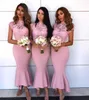 Gorgeous Pink Mermaid Bridesmaid Dresses Lace And Satin Tea Length Maid Of Honor Gowns For Wedding Sheer Neck Fishtail Bridesmaid Dress