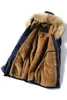 Parka in pelle scamosciata Parka in pelliccia da uomo con cappuccio Fibbia in corno Coppia Amante Giacca invernale Uomo e donna Homme Navy Grey Khaki