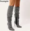 2018 Nuevo estilo Estilo de celebridad Botas hasta la rodilla para mujer Botas de cristal brillante Botines de tacón alto Botas Mujer Tamaño 42