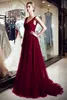 Lyx Burgundy Tulle A Line Long Prom Klänningar V Neck 100% Real Image Major Baded Crystals Formell Party Evening Dresses CPS1178