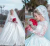 2020 arabe élégante robe de bal robes de mariée col rond dentelle appliques perlées perles satin manches longues, plus la taille formelle robes de mariée