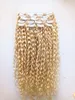 Ny Ankomst Brasilianska Human Virgin Remy Clip Ins Hair Extensions Curly Haft Weft Blond Färg 9 Stycken med 18Clips