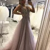 A-Line Open Back Tulle Prom Dress V V-Neck Prom Dress Sexy Long Long Dresses Long Tulle Top Beading Sexy Gray Evening Dress