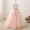 Jewel Ball Gown Tulle Peach Lace Beaded Ribbon Bow Ribbon Floor Length Wedding Flower Girl Dress