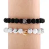 Lover's Natural White Black Stone Bead Armband Trendy Alloy Silver Gold Crown Charms Bangle Smycken för par 2st
