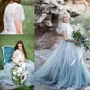 Romantic Ice Vintage Blue Country Style Lace Dresses Tulle Short Sleeves Jewel Neck Floor Length Wedding Dress Bridal Gowns