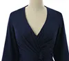 Vintage Navy V-hals Moeder van de bruidegom jurken goedkope spleet chiffon geplooide lange mouwen rits terug formele prom avondjurk