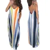 Boho Summer Stripe Sexy Kobiety Sukienka Deep V Neck Bez Rękawów Dorywczo Długa Długa Plażowa Sukienka Plus Size S-2XL