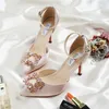 Champagne Stiletto Heel Silk Wedding Shoes For Bride Beaded Luxury Designer Heels Poined Toe Rhinestones Bridal Shoes With Buckle 286e