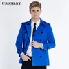 URSMART Chaqueta cortavientos para hombre otoño nueva gabardina corta de doble botonadura hombres moda azul abrigo polvo