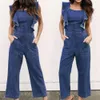 Neue Frauen Jumpsuit Playsuit Jeans Rüsche Denim Blue Schnürung High Fashion Overalls Hosen Weitbein Hosen Strampler