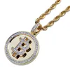 Hip Hop – collier avec pendentif Bitcoin plaqué or glacé, en Zircon Micro pavé, avec chaîne en corde de 60cm, 199k