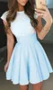 2021 Light Sky Blue Lace Graduation Short Prom vestidos Bateau Neck Satin Ruched Mini Homecoming Party Cocktail Dress para niñas Formal