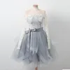 2018 Long Sleeve Sheer Neck Short Party Dresses Lace Top Tulle Homecoming Piping Ribbons Dress Zipper Back Cocktail Dresses
