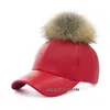 2016 New real fur pom pom cap for women Spring candy color PU baseball cap with real fur poms new female B310