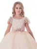 Girls Pageant Dresses Illusion Cap Sleeves Tulle Ruffles Sash Crystal Sky Blue V Back Ball Gown Kids Flower Girls Dress Birthday Gowns
