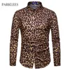 Mens Classic Leopard Print Рубашка мужчина 2018 Новый стильный повседневный с длинным рукавом Slim Fit платье рубашки мужские ночные клубы DJ Stage Camisa